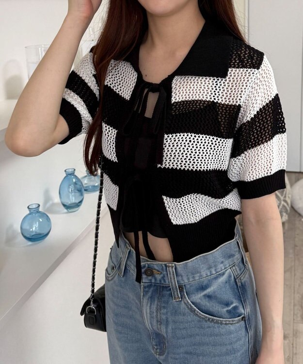 WEGO 襟付きリボンメッシュショートカーデ 柄1