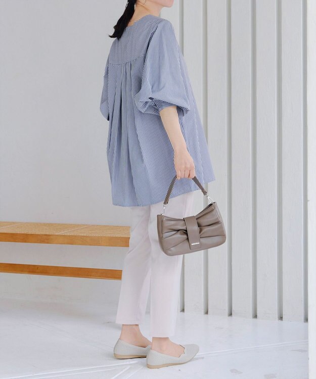 Tiaclasse 【洗える】パフスリーブチュニックブラウス ネイビーストライプ