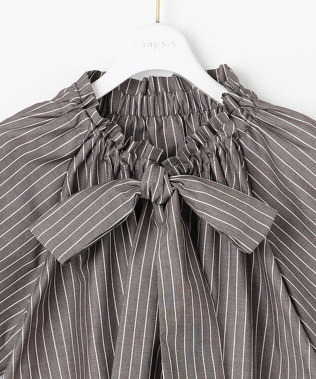 ANY SIS L 【洗える】ギャザーネック ブラウス ブラウンストライプ