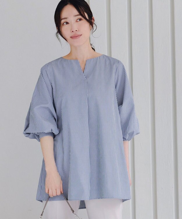 Tiaclasse 【洗える】パフスリーブチュニックブラウス ネイビーストライプ