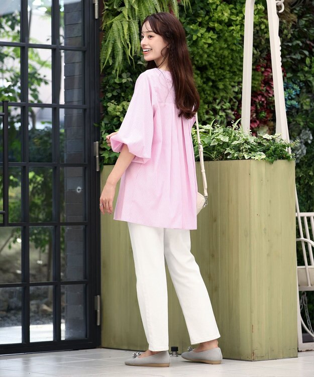 Tiaclasse 【洗える】パフスリーブチュニックブラウス ピンクストライプ