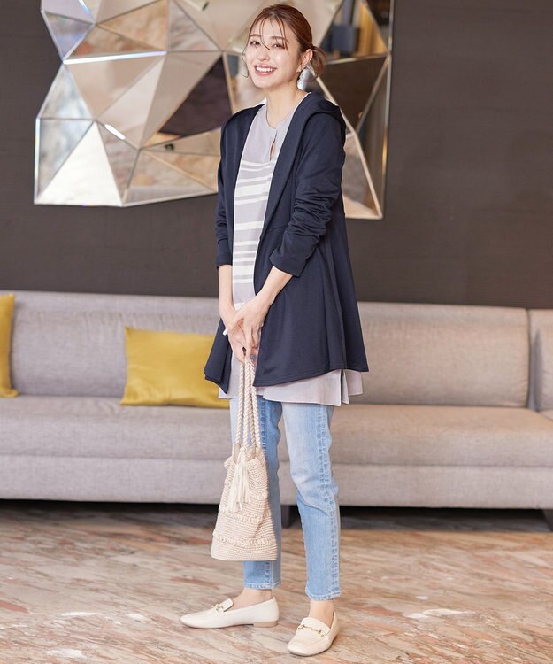 Tiaclasse L 【洗える】ポンチフードカーディガン ネイビー