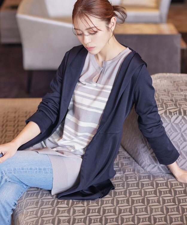 Tiaclasse L 【洗える】ポンチフードカーディガン ネイビー