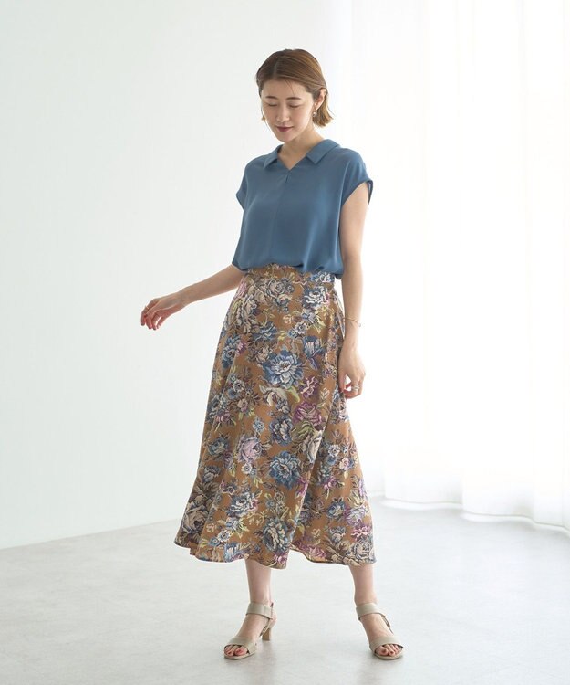 YECCA VECCA ゴブラン柄フレアスカート Camel