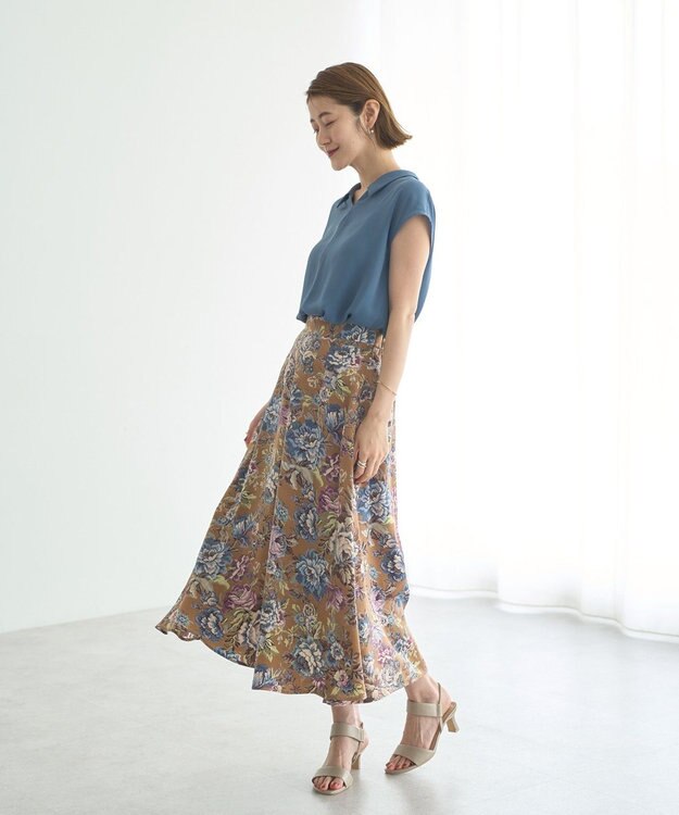 YECCA VECCA ゴブラン柄フレアスカート Camel