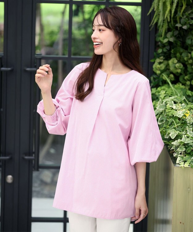 Tiaclasse 【洗える】パフスリーブチュニックブラウス ピンクストライプ
