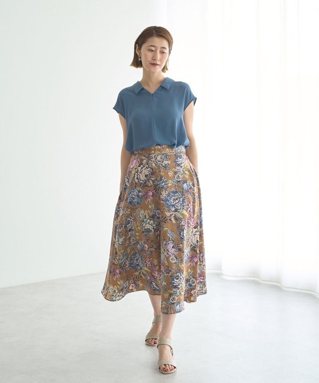 YECCA VECCA ゴブラン柄フレアスカート Camel