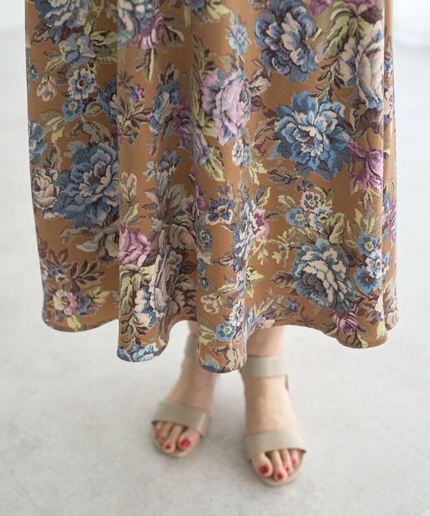 YECCA VECCA ゴブラン柄フレアスカート Camel