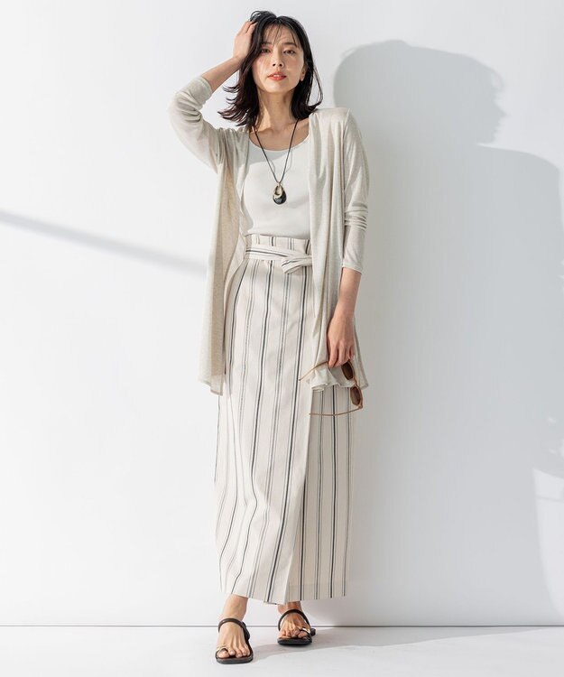 23区 S 【洗える】コットンリネンストライプ Iライン スカート ベージュ×ブラックストライプ