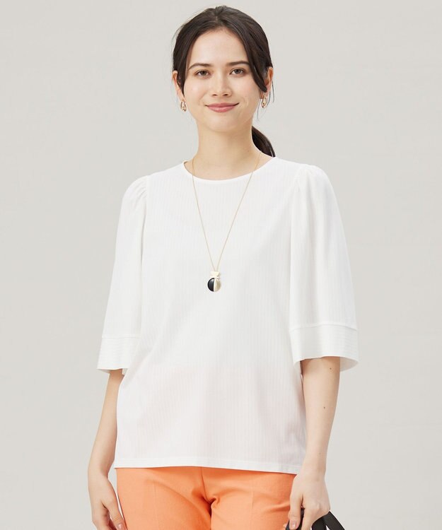 自由区 【接触冷感・UVカット・洗える】ストライプコットンハイゲージフレアスリーブ カットソー オフ