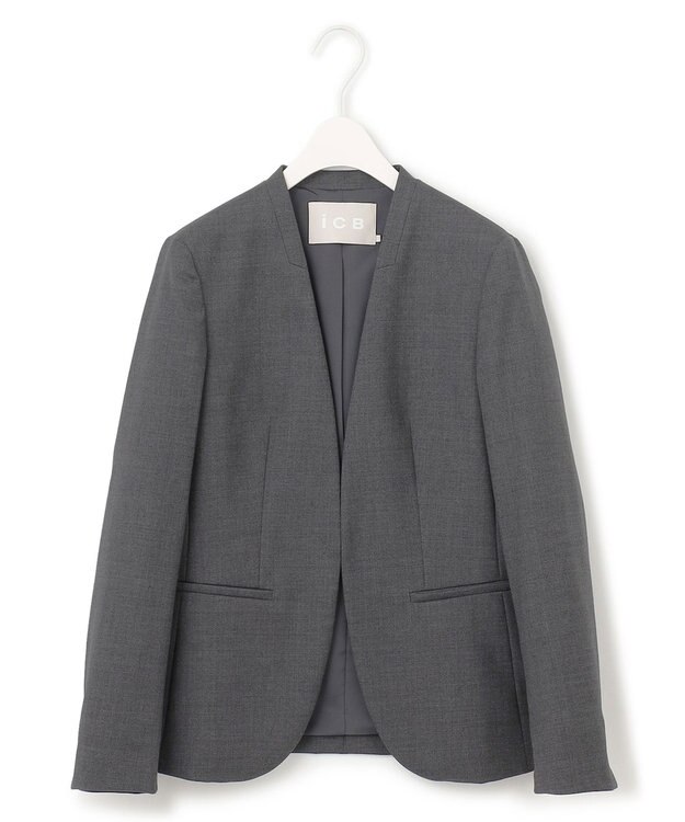 ICB L 【セットアップ対応】ウールストレッチ ノーカラージャケット チャコール系