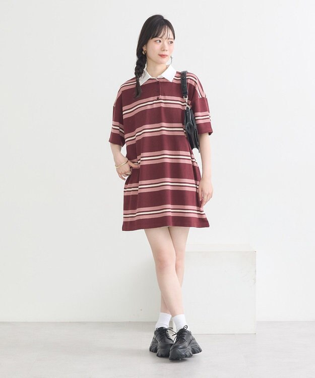 earth music&ecology レトロボーダーラガーミニワンピース Border Pink