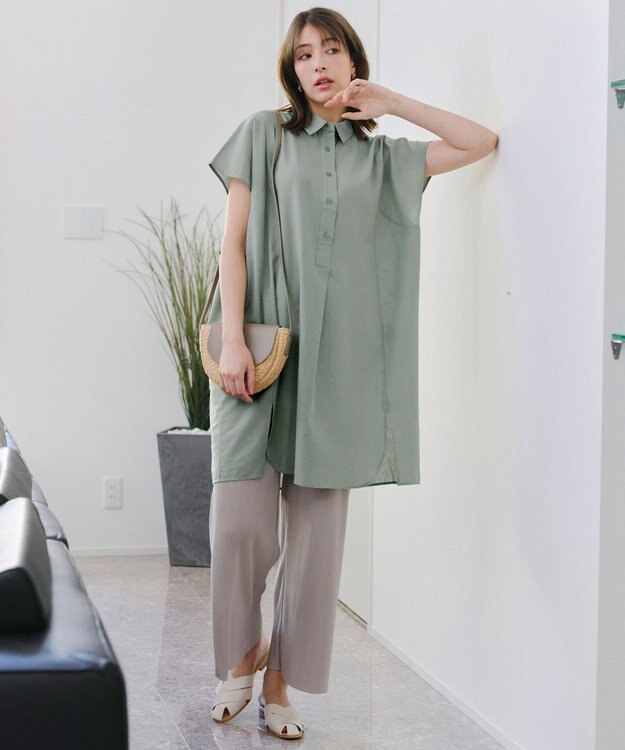 Tiaclasse 【洗える】フレンチスリーブリネンチュニックシャツ ミント