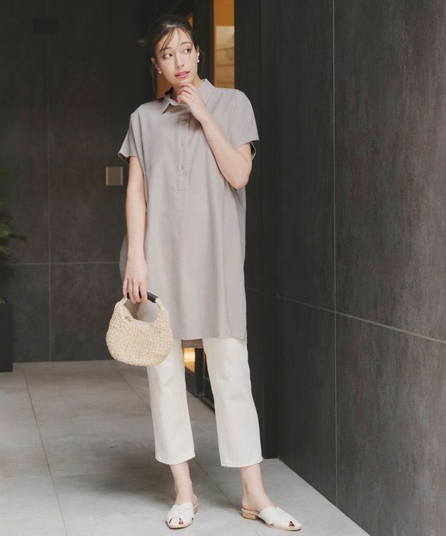 Tiaclasse 【洗える】フレンチスリーブリネンチュニックシャツ ベージュ