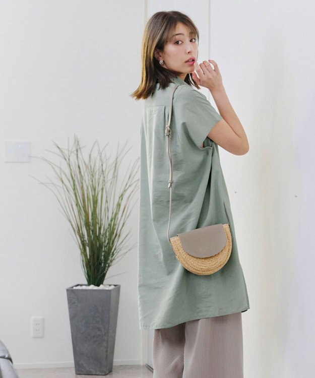 Tiaclasse 【洗える】フレンチスリーブリネンチュニックシャツ ミント
