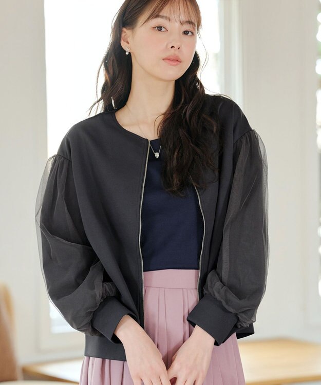 Tiaclasse 【洗える】チュールレースソフトダンボールジャケット チャコールグレー