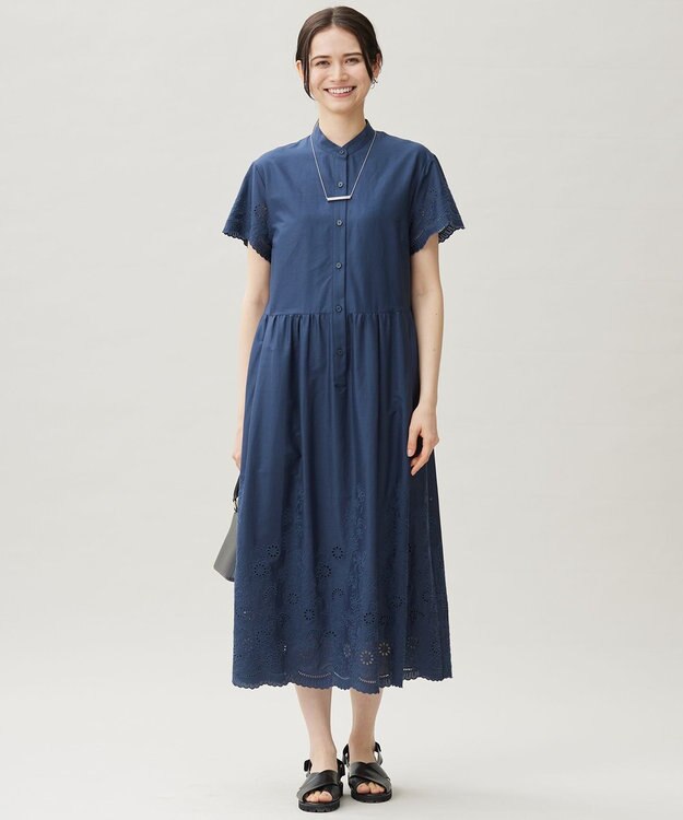 自由区 S 【カタログ掲載・接触冷感・洗える】エンブロイダリーローンシャツ ワンピース コバルトブルー