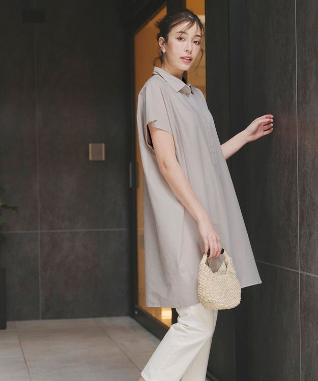 Tiaclasse 【洗える】フレンチスリーブリネンチュニックシャツ ベージュ