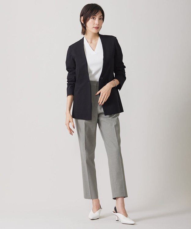 ICB 【洗える】コットンコンプレッシャー ノーカラージャケット ブラック系