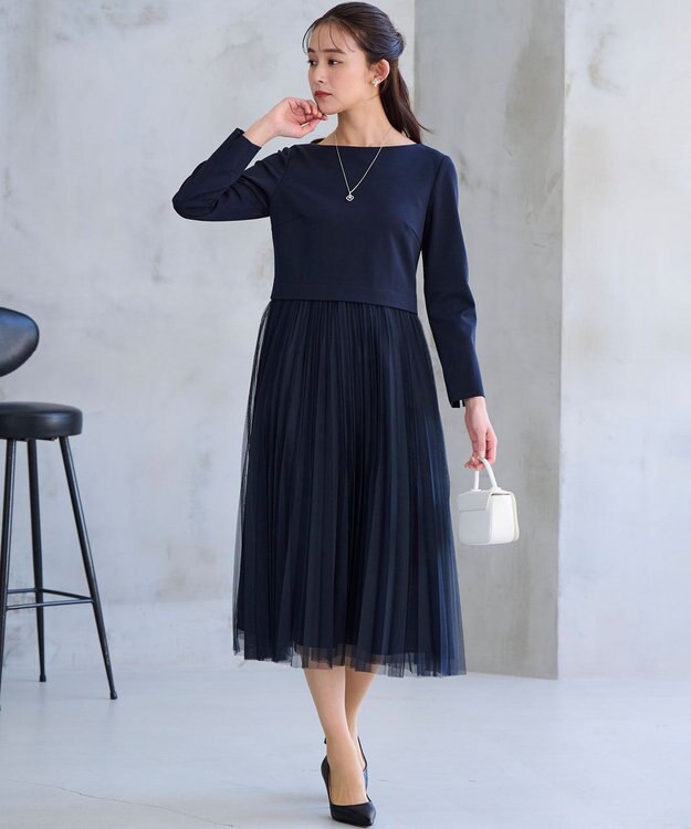 組曲 【WEB限定・KUMIKYOKU NAVY】ジャージーコンビ ギャザーチュール ワンピース ネイビー系