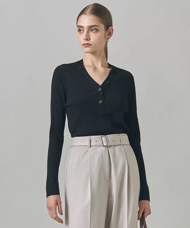 ICB 【洗える】エクストラファインメリノリブ ヘンリーネック プルオーバー ブラック系