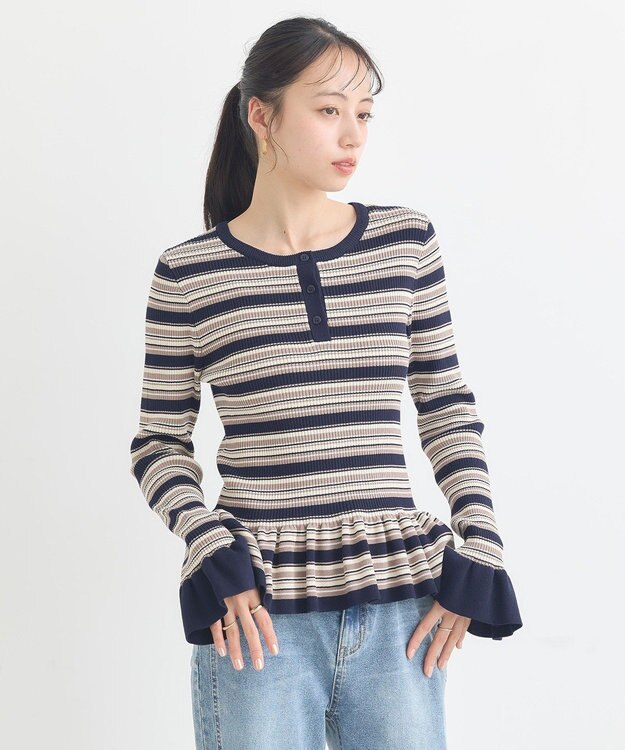 earth music&ecology ペプラムニットプルオーバー Border Navy