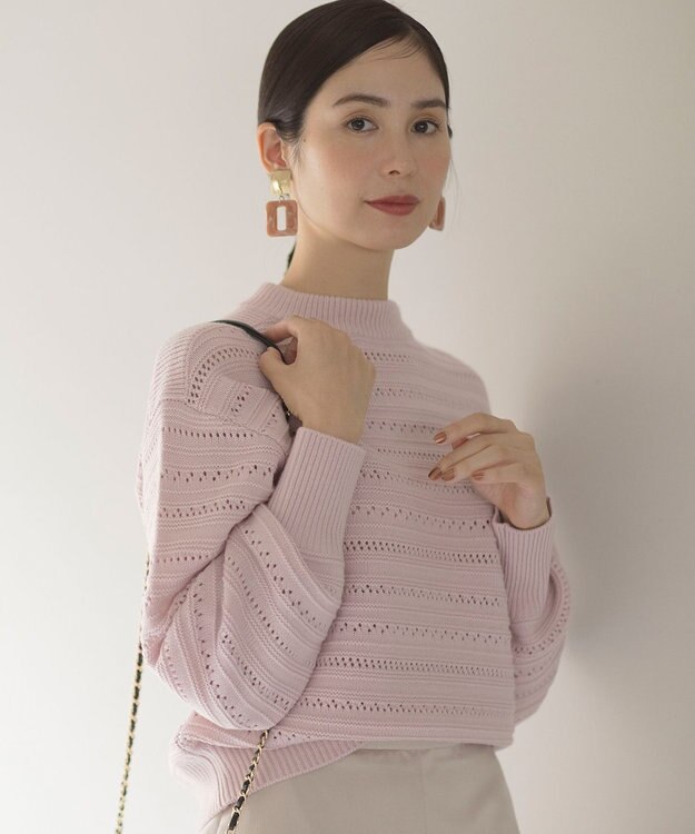 組曲 【WEB限定カラーあり】透かし編みバルキーボーダー柄ニット ピンク系