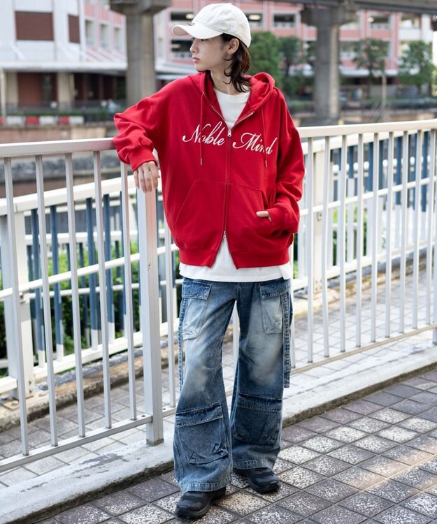 WEGO 【25年秋冬新作/ユニセックス着用ITEM/SMLサイズ展開】グラフィックロゴダブルZIPパーカー レッド