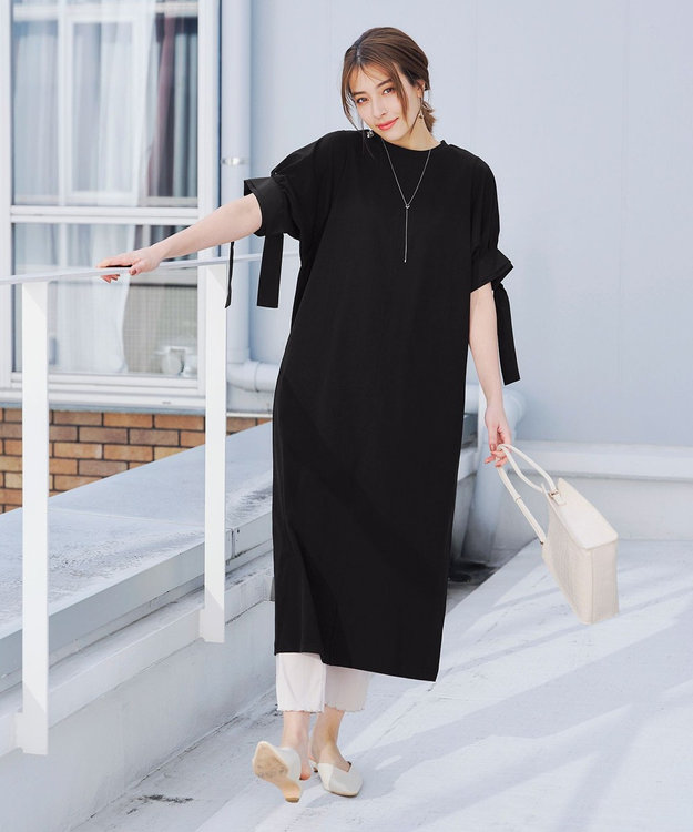 Tiaclasse 【洗える】デザインカフス付きマキシカットソーワンピース ブラック