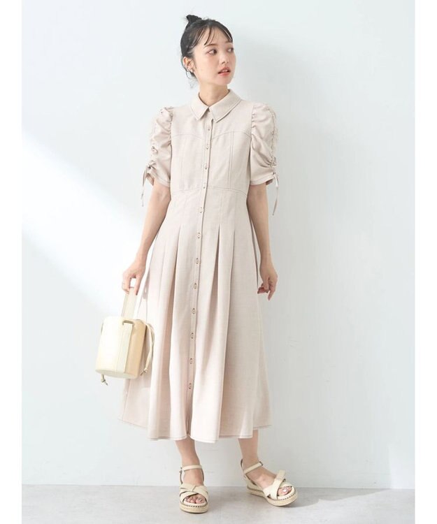 earth music&ecology 袖ドロストシャツワンピース Beige