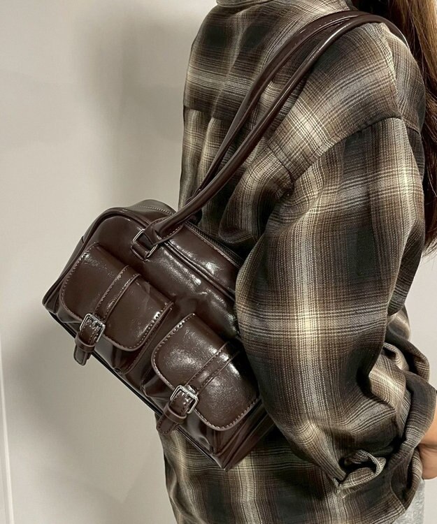 WEGO ベルト2ポケットデザインボストンバッグ ブラウン