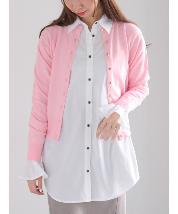 Te chichi メタルスクエア釦クルーネックカーディガン ピンク