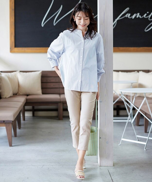 Tiaclasse 【洗える】ドロストギャザー袖シャツチュニック ネイビーストライプ