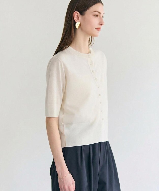 BEIGE， MOISE / シアーニット　5分袖カーディガン Ecru × Milk tee
