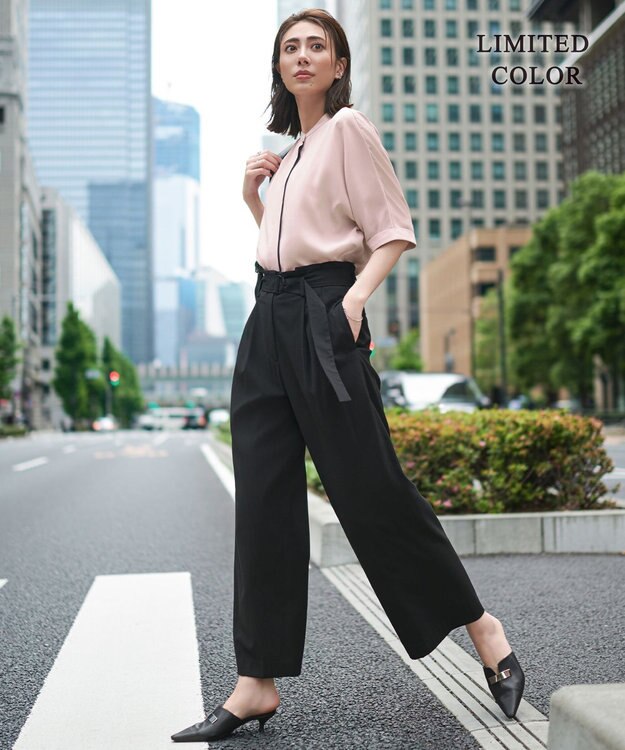 ICB L 【人気のため新色追加・接触冷感・UVケア・速乾・洗える】BackSatinAmunzen 5分袖バンドカラーブラウス ヘイズピンク系［WEB限定］