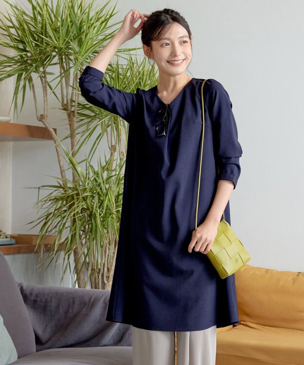 Tiaclasse 【洗える】バックギャザーハートネックAラインワンピース ネイビー