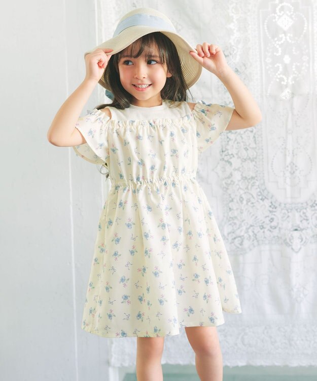 ANY KIDS 【洗濯機可能】オンオフショルダーワンピース エクリュ×花柄