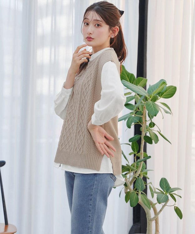 Tiaclasse 【2点セット】ニットベスト＋起毛シャツ ベージュ
