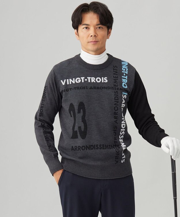 23区GOLF 【MEN】ロゴチェックジャガード　クルーネック ニット グレー系