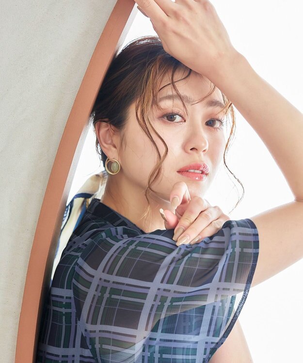 Tiaclasse L 【新色追加・洗える】チェック柄フレア袖シアーワンピース ネイビー