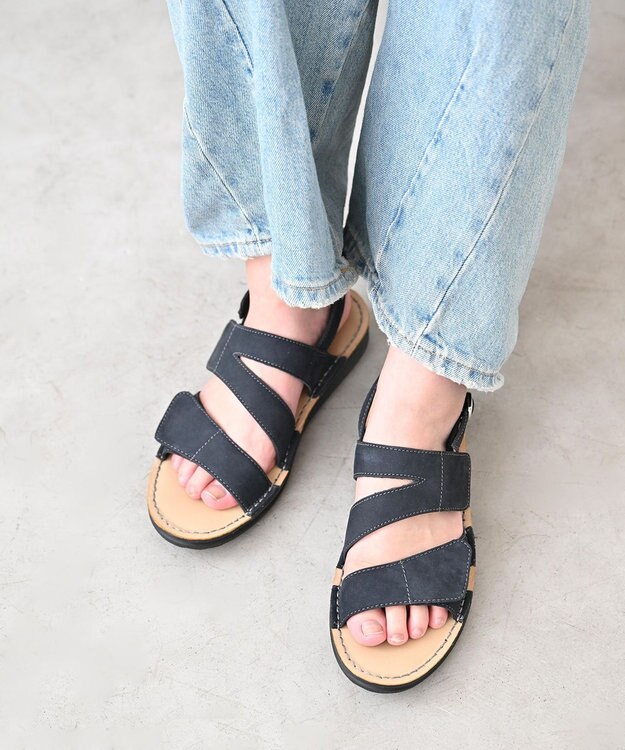 Pointer 本革 甲幅調整 マジックテープ付きサンダル ダークネイビー(ヌバック)