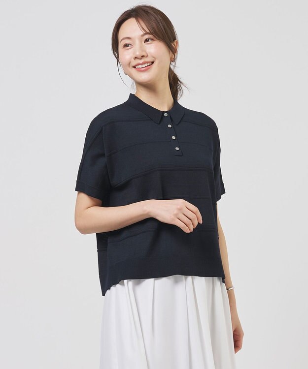 J.PRESS LADIES L DRY COTTON ポロ ニット ネイビーシャドー系