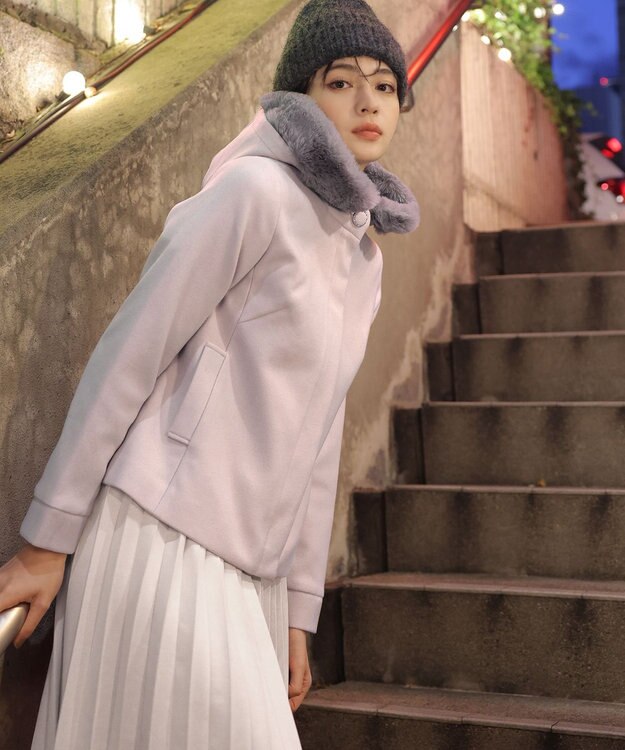 Tiaclasse エコファー付きフードショートコート ピンク