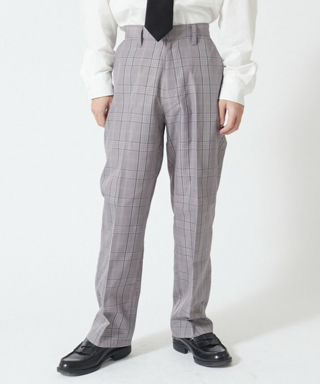 WEGO 【SCHOOLITEM】メンズスクールチェックセミワイドスラックス グレーチェック1