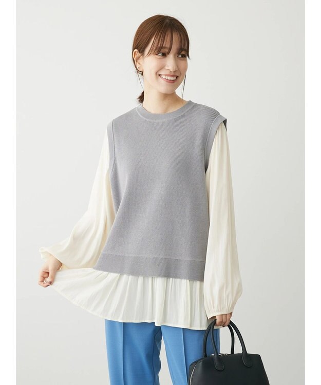 Green Parks とろみ布帛ドッキングニットチュニック Light Gray