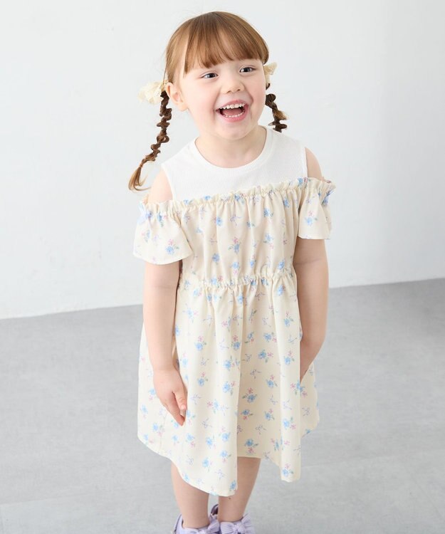 ANY KIDS 【洗濯機可能】オンオフショルダーワンピース エクリュ×花柄