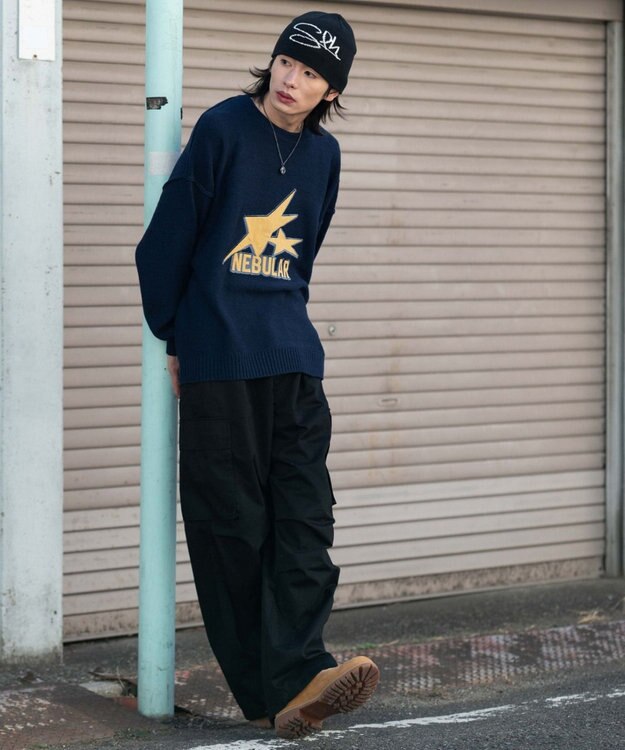 WEGO サテンワッペンニットプルオーバー ネイビー