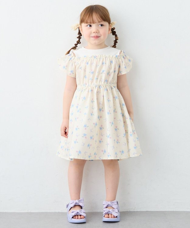 ANY KIDS 【洗濯機可能】オンオフショルダーワンピース エクリュ×花柄