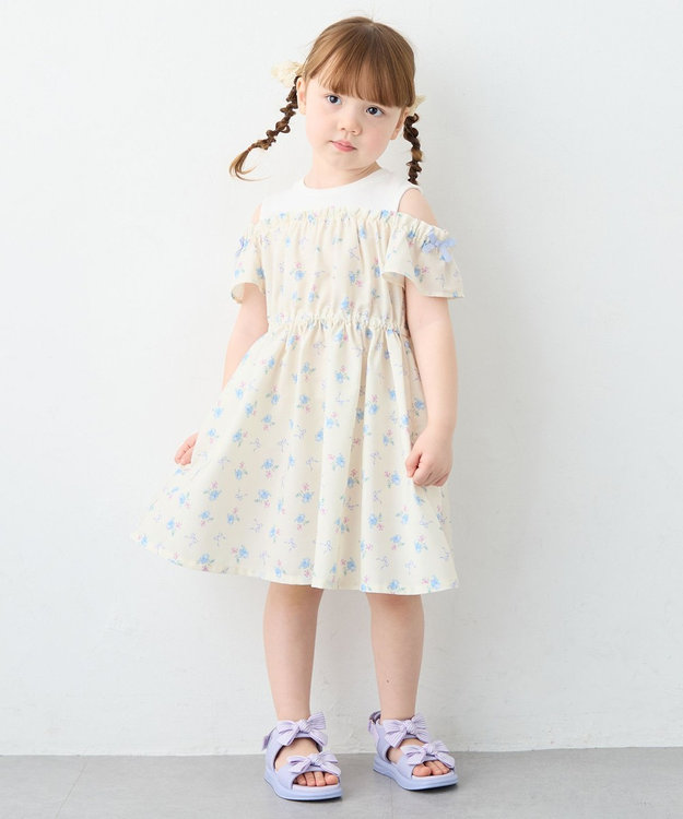ANY KIDS 【洗濯機可能】オンオフショルダーワンピース エクリュ×花柄