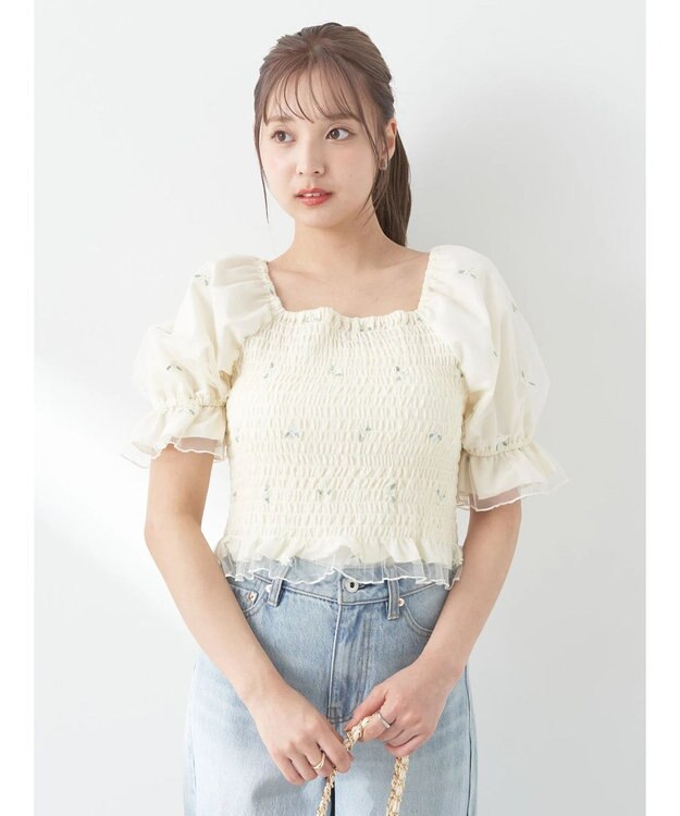 earth music&ecology フラワー刺繍ブラウス White